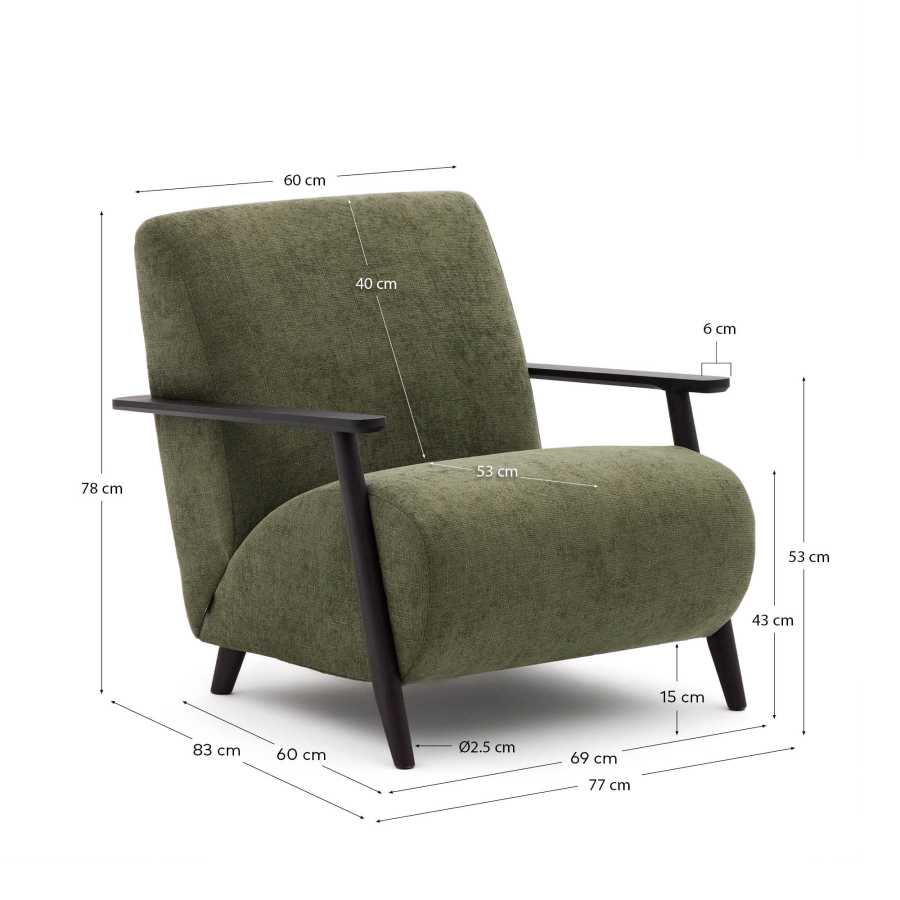 Meghan armchair in green chenille and with solid beech wood in a wenge finish FSC Mix Credit