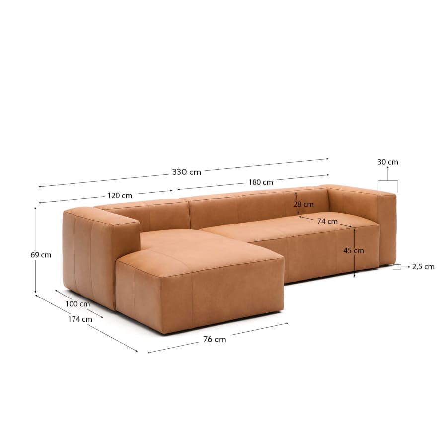 Blok brown leather 4-seater sofa, left chaise longue 330 cm
