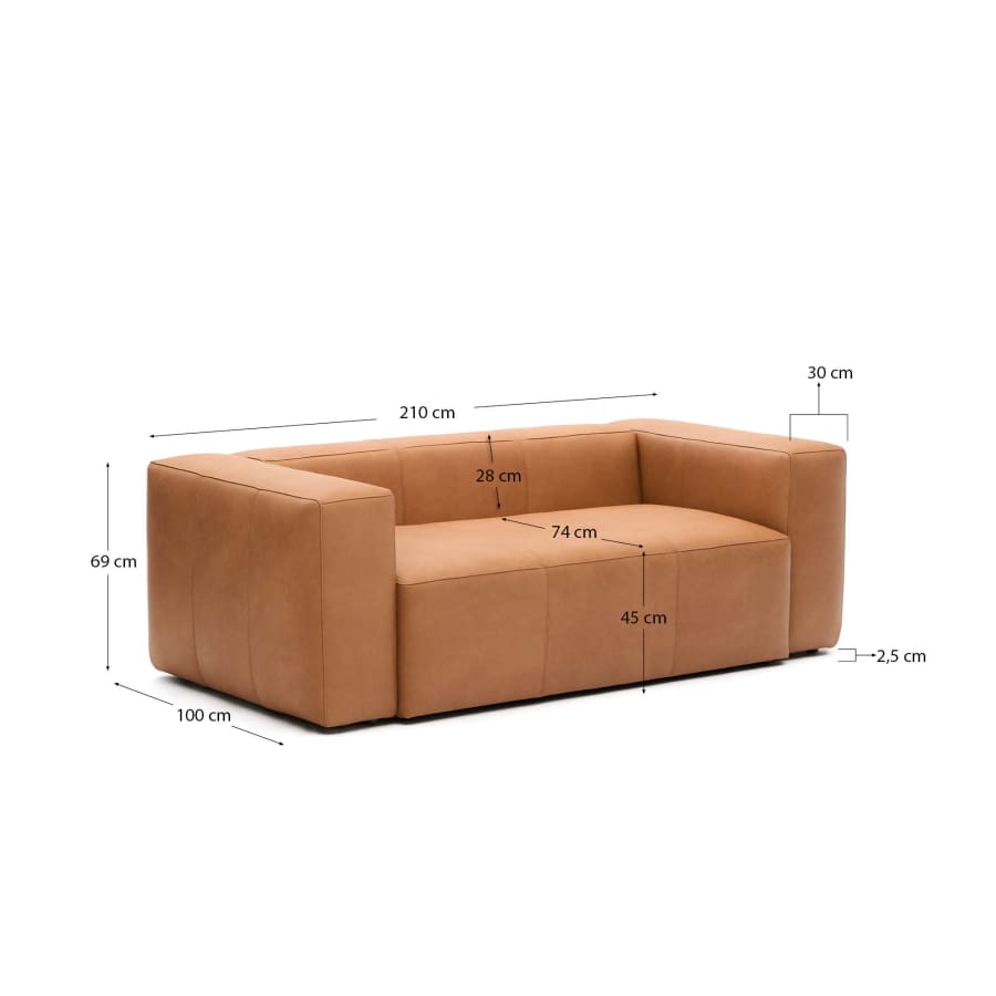 Blok brown leather 2-seater sofa 210 cm