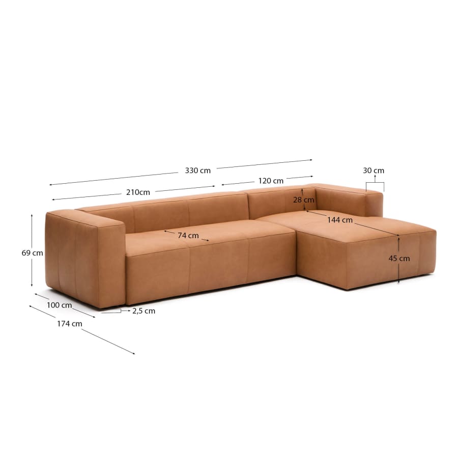 Blok brown leather 4-seater sofa, right chaise longue 330 cm