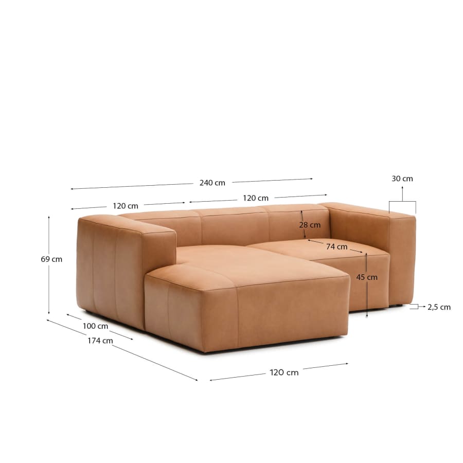 Blok brown leather 2-seater sofa, left chaise longue 240 cm