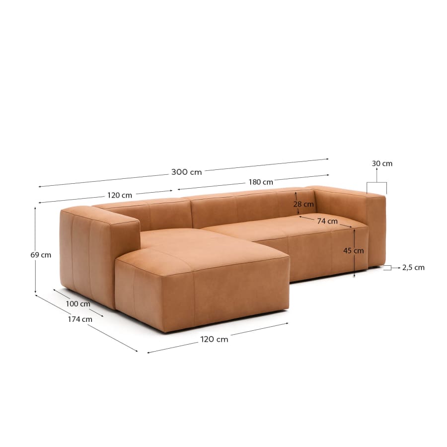 Blok brown leather 3-seater sofa, left chaise longue 300 cm