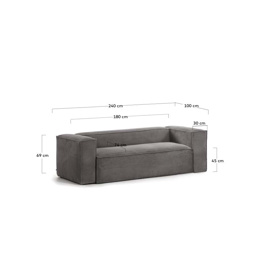 Blok 3 seater sofa in grey wide seam corduroy, 240 cm