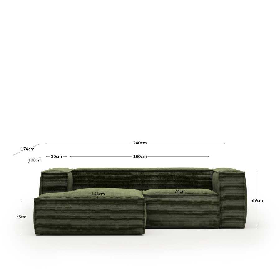 Blok 2-seater left chaise longue sofa in green thick corduroy 240cm FSC Mix Credit