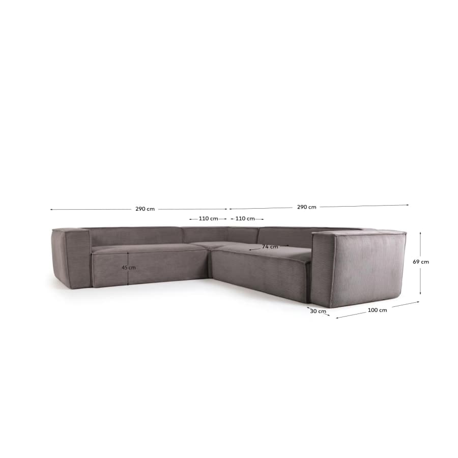 Blok 4 seater corner sofa in grey wide seam corduroy, 290 x 290 cm