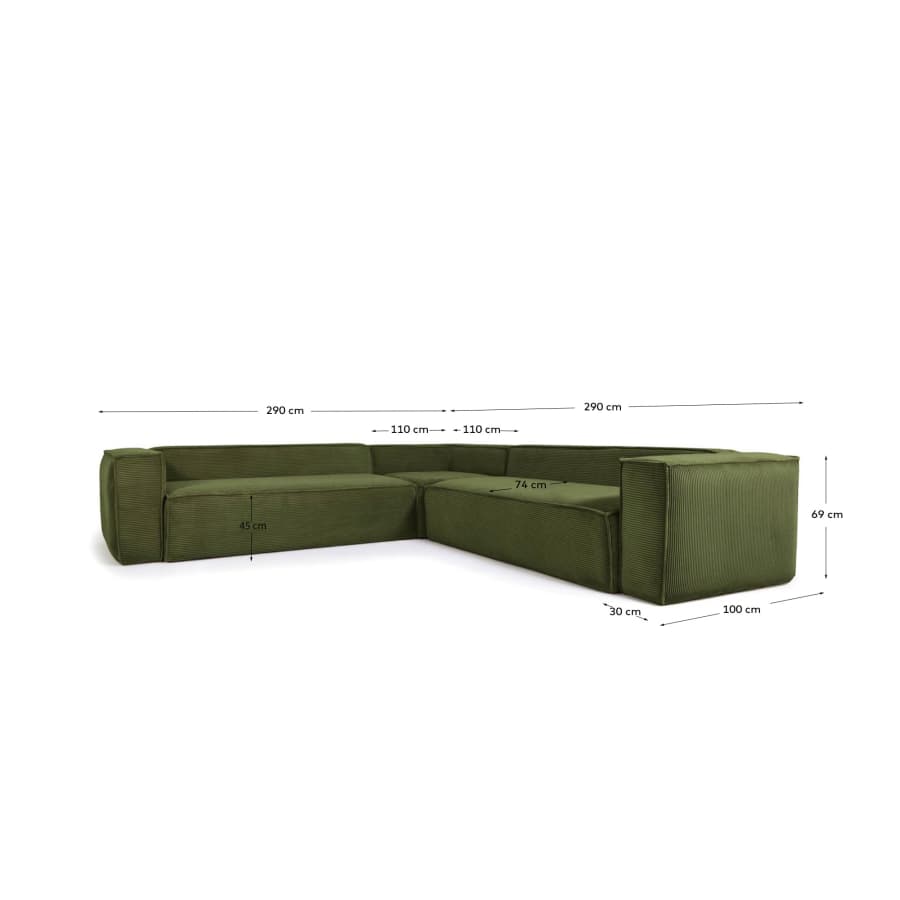 Blok green thick corduroy 4-seater corner sofa 290 x 290cm FSC Mix Credit