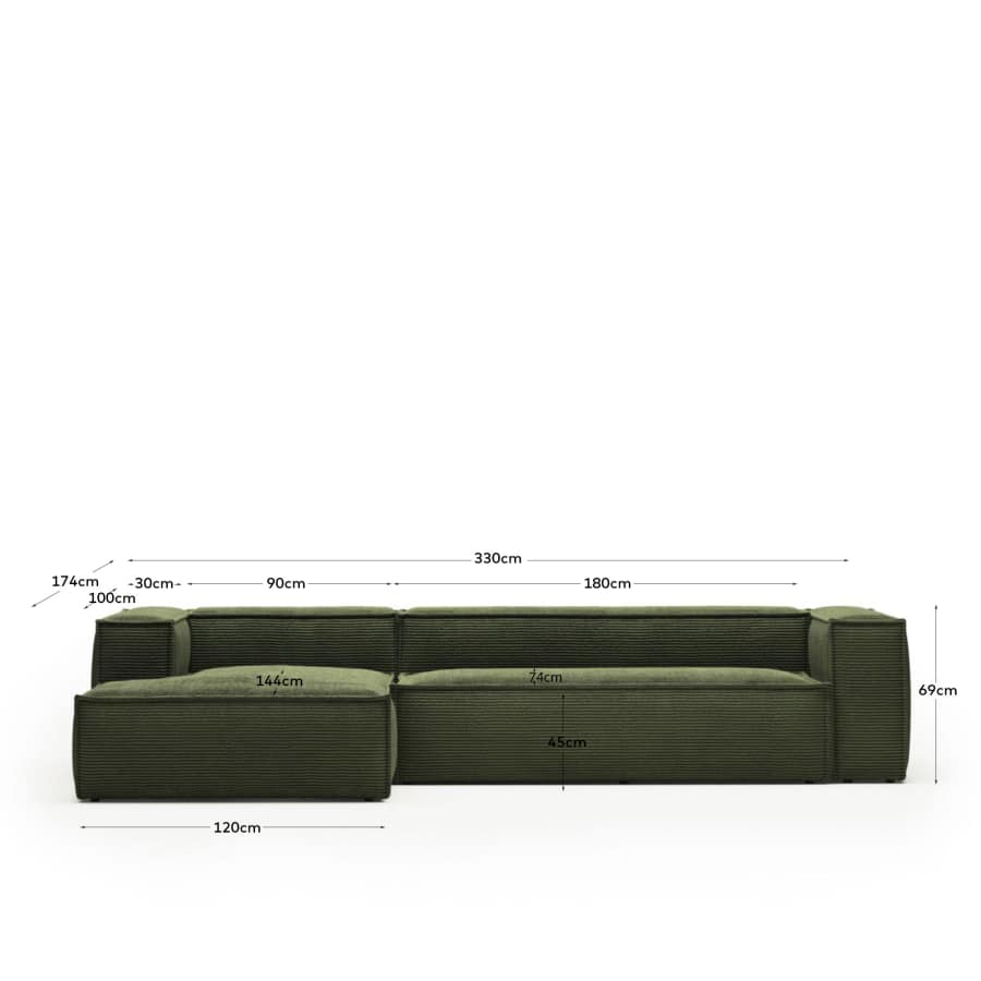 4-Sitzer-Sofa Blok mit dickem, grünem Cord und Chaiselongue links 330 cm FSC Mix Credit