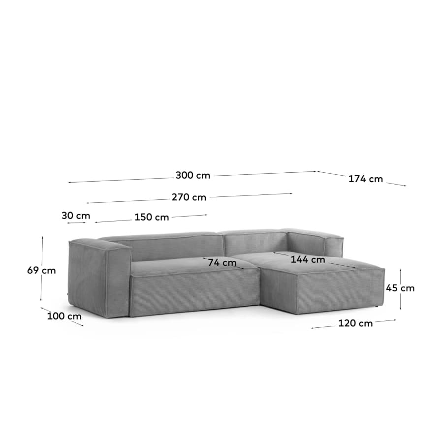 Blok 3 seater sofa with right side chaise longue in grey wide seam corduroy, 300 cm
