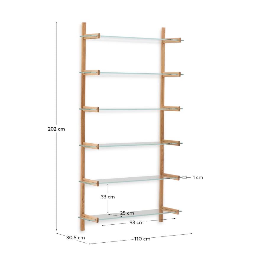 Sitra modular shelf, 6 glass shelves and FSC Mix Credit solid oak wood, 110 cm
