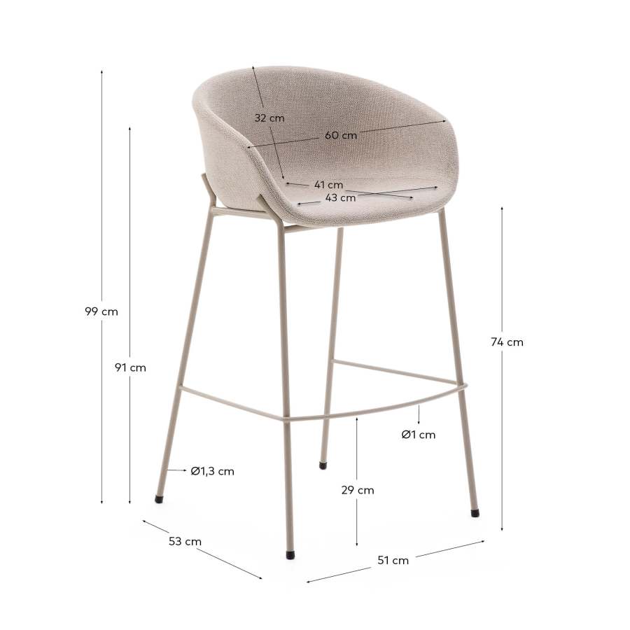 Yvette stool in beige chenille and steel legs in a beige finish, 75 cm high