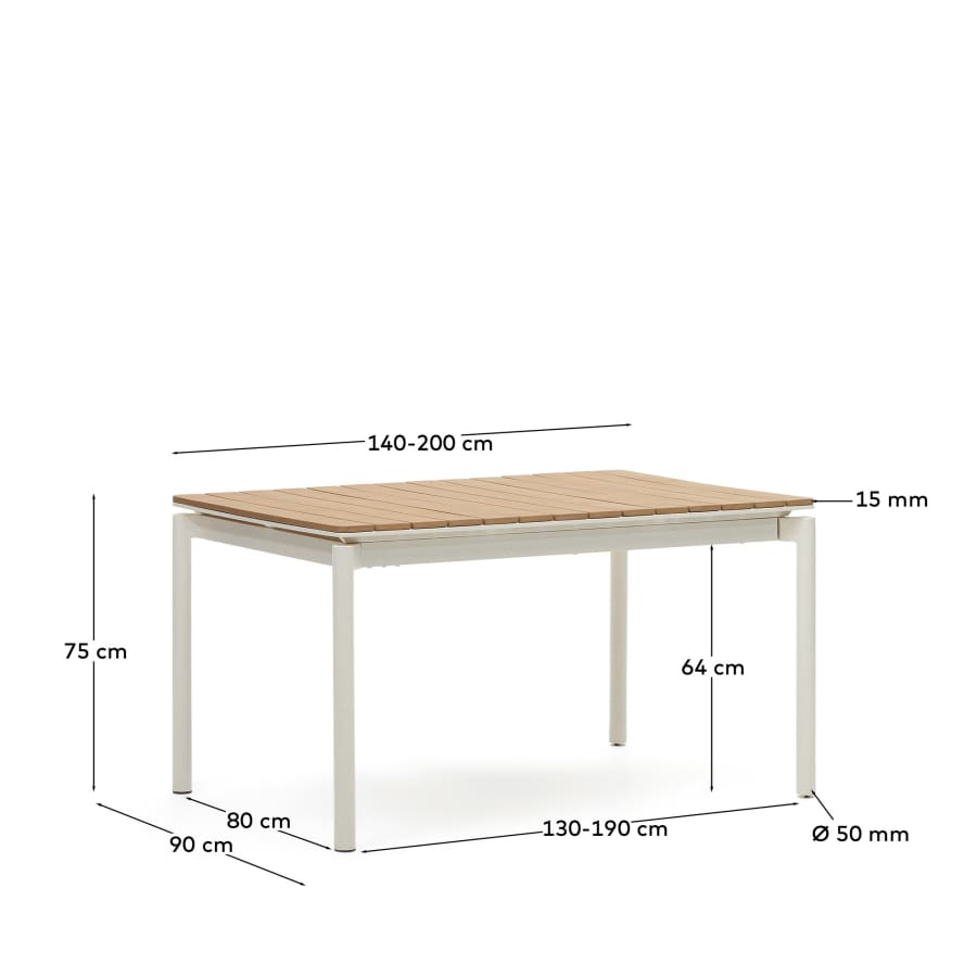 Canyelles extendable outdoor table, plastic lumber and matte white aluminium, 140 (200) x 90 cm