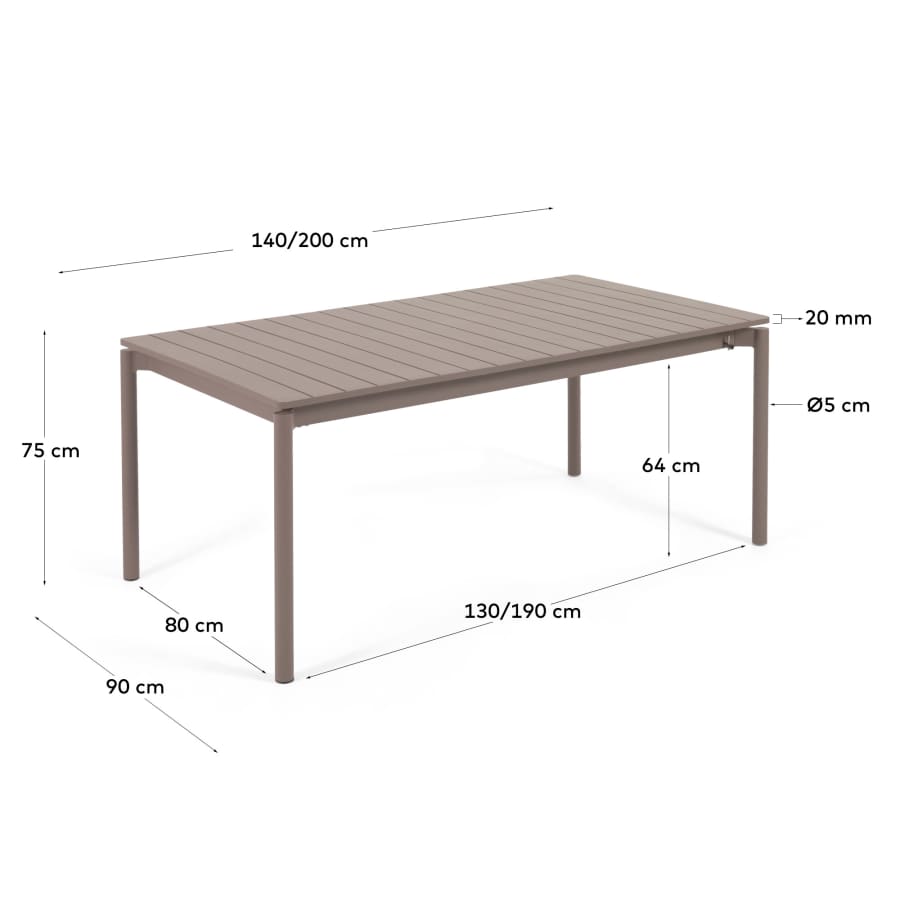 Zaltana extendable aluminium outdoor table with matt brown finish 140 (200) x 90 cm