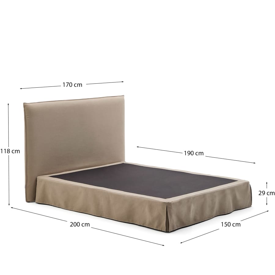 Jaira bed with removable linen and cotton cover in taupe for a 150 x 190 cm FSC Mix Credit mattress
