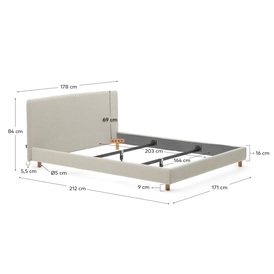 Pearl chenille Valma bed with removable cover and solid beech wood legs for a 160 x 200 cm mattress
