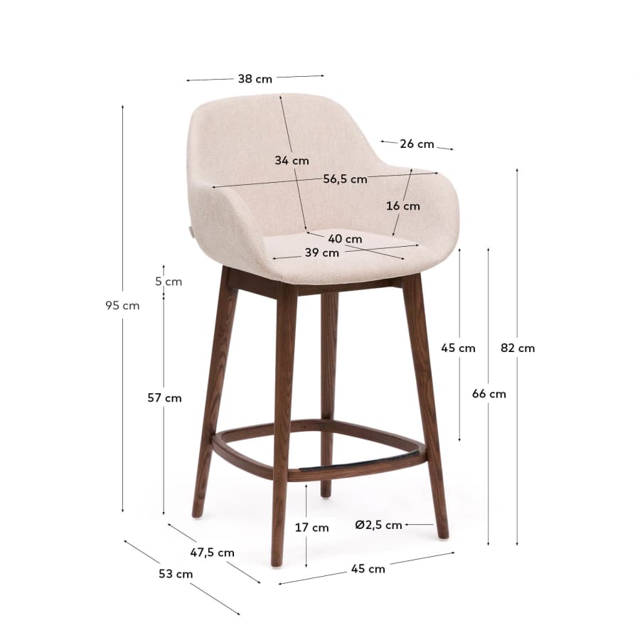 Konna stool in beige and solid ash wood legs in a dark finish, 65 cm
