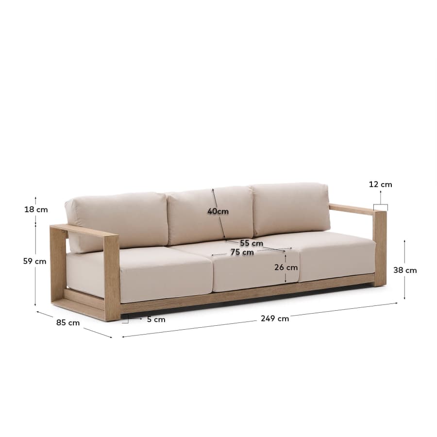 3-Sitzer-Sofa Ambra aus massivem Akazienholz mit hellem Finish 249 cm FSC 100%