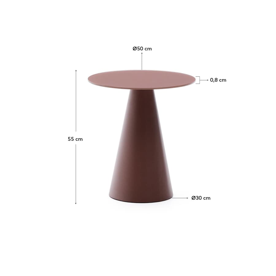Wilshire side table with frosted tempered glass and matt terracotta painted steel finish Ø50cm