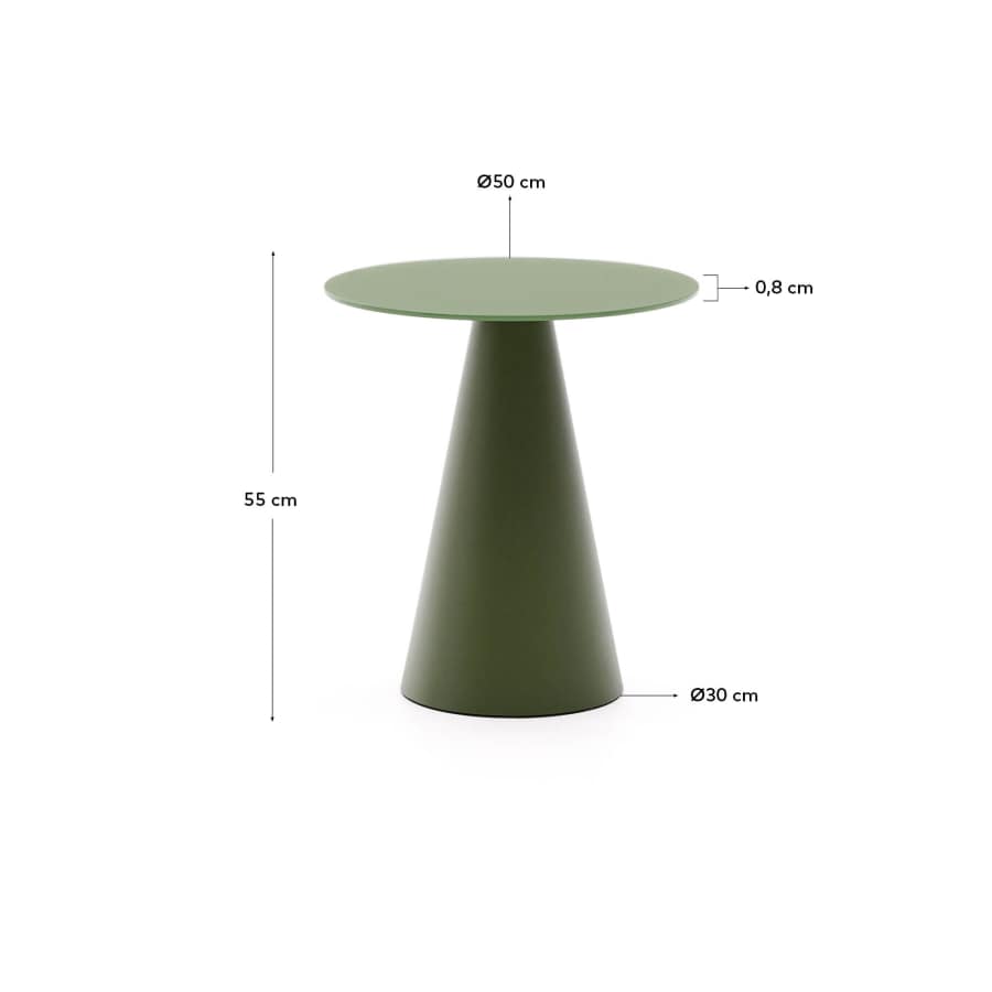 Wilshire side table with frosted tempered glass and matt green painted steel finish Ø50cm