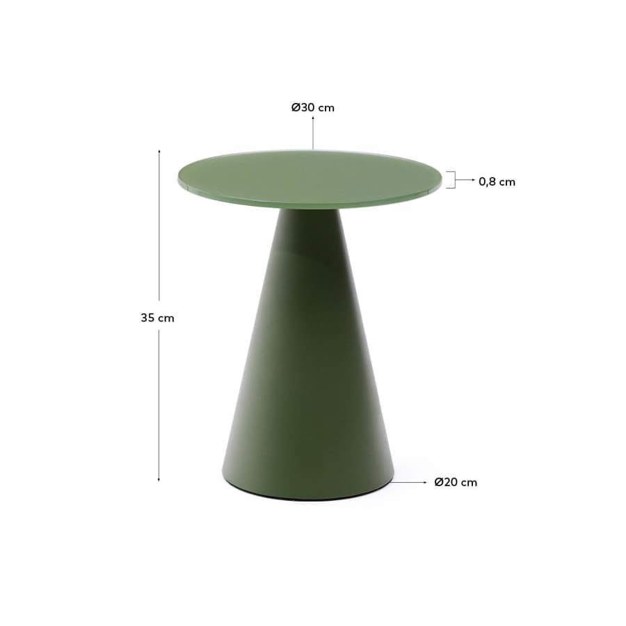 Wilshire side table with frosted tempered glass and matt green painted steel finish Ø30cm