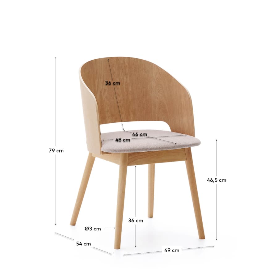 Senoa chair made of ash veneer and solid rubber wood with a natural finish and beige chenille