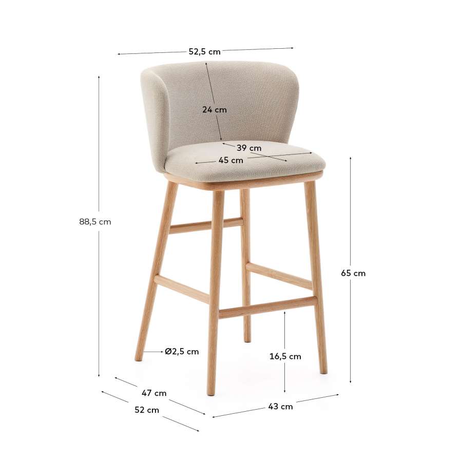 Ciselia stool beige chenille and solid ash wood natural tone finish FSC Mix Credit 65 cm