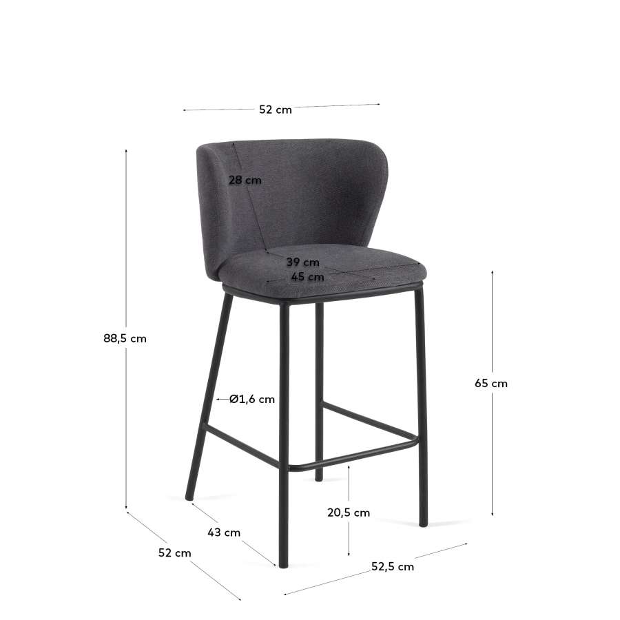 Ciselia stool in dark grey chenille with steel legs in black 65 cm height FSC Mix Credit