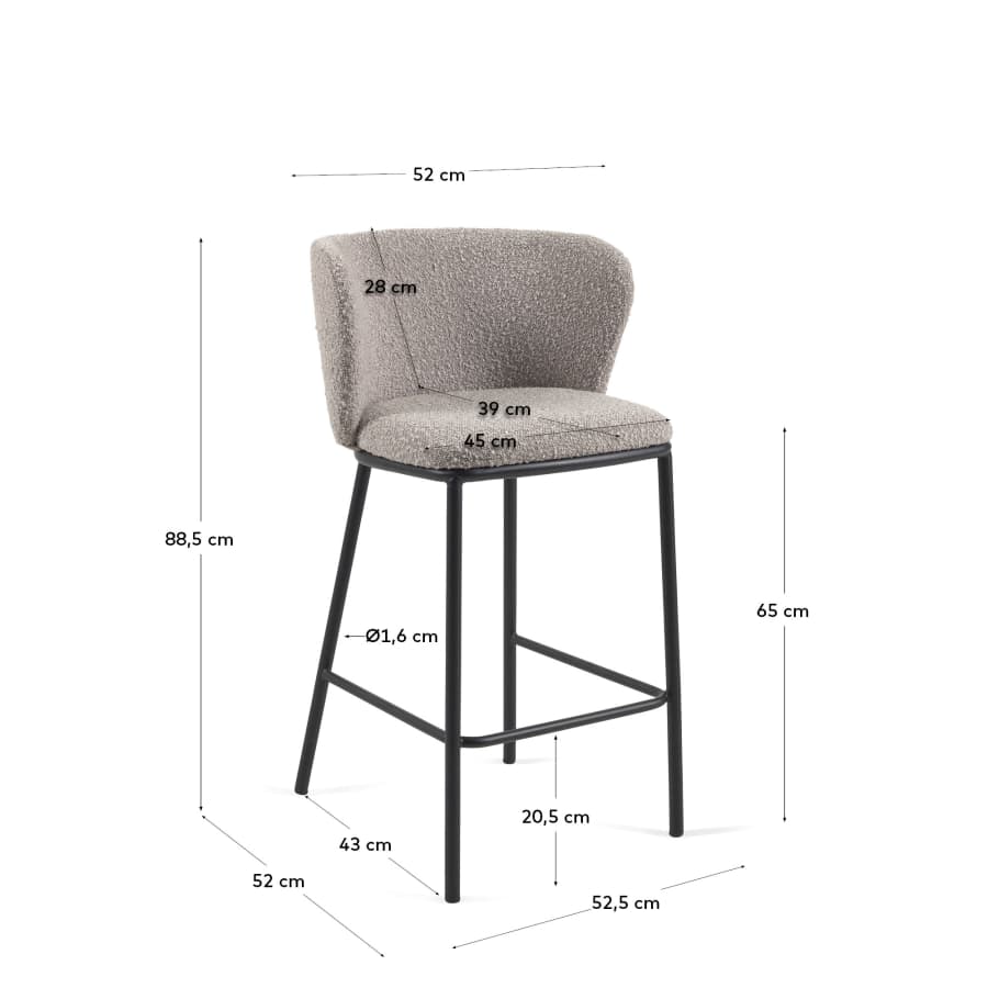 Ciselia stool with light grey bouclé and black steel legs height 65 cm FSC Mix Credit