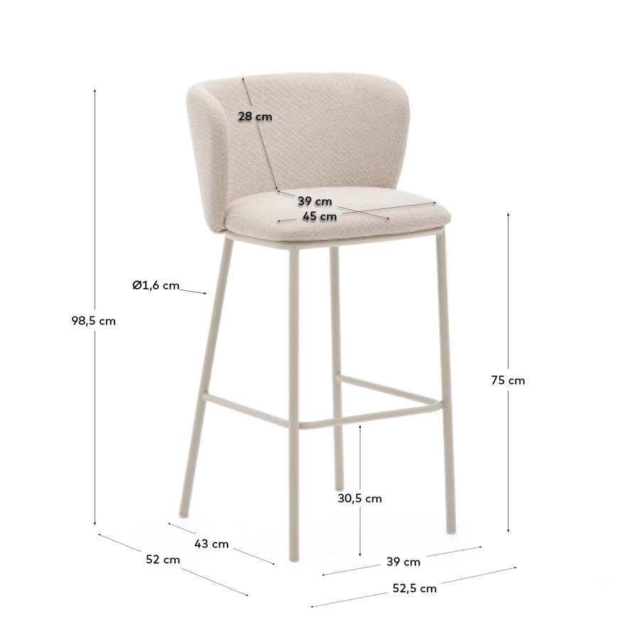 Ciselia stool in beige chenille and beige steel, height 75 cm, FSC Mix Credit