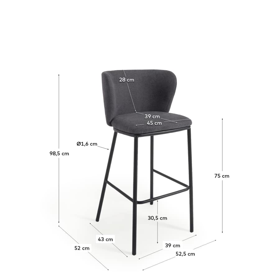 Ciselia stool in dark grey chenille and black steel legs 75 cm FSC Mix Credit