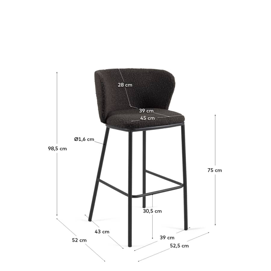 Ciselia stool with black bouclé and black steel legs, height 75 cm FSC Mix Credit