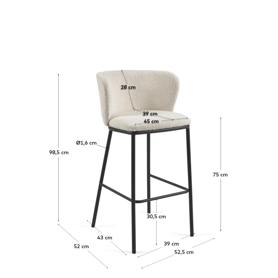 Sgabello Ciselia tessuto bouclé bianco e gambe in acciaio nero altezza 75 cm FSC Mix Credit