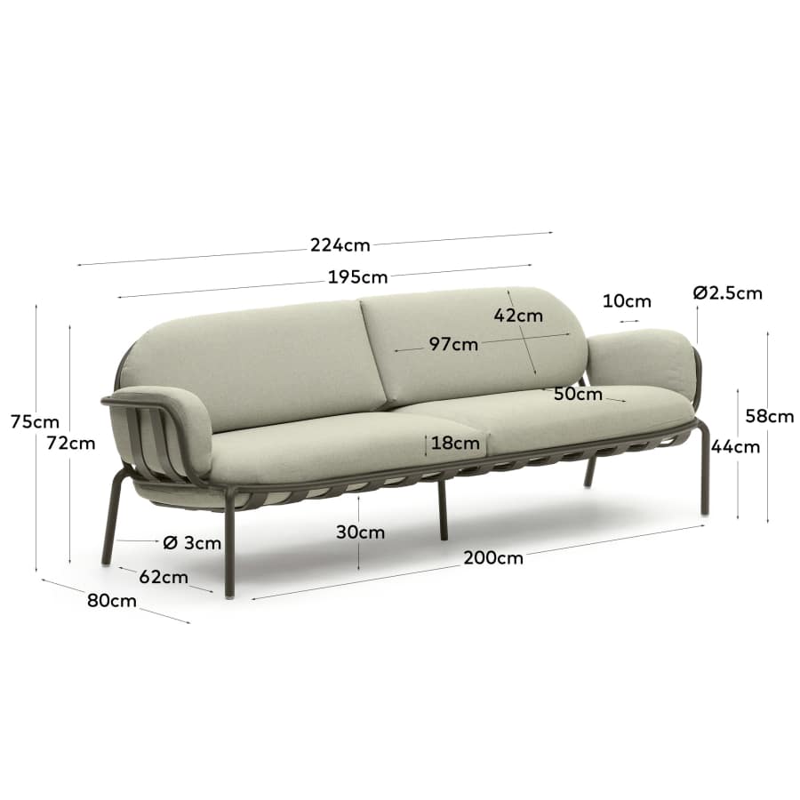 Joncols outdoor 3-seater sofa with beige upholstery and aluminium with grey painted finish 225cm
