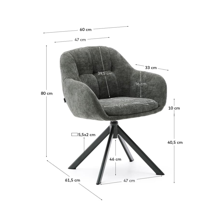 Sedia girevole Dorina di ciniglia verde e gambe in acciaio con finitura verder