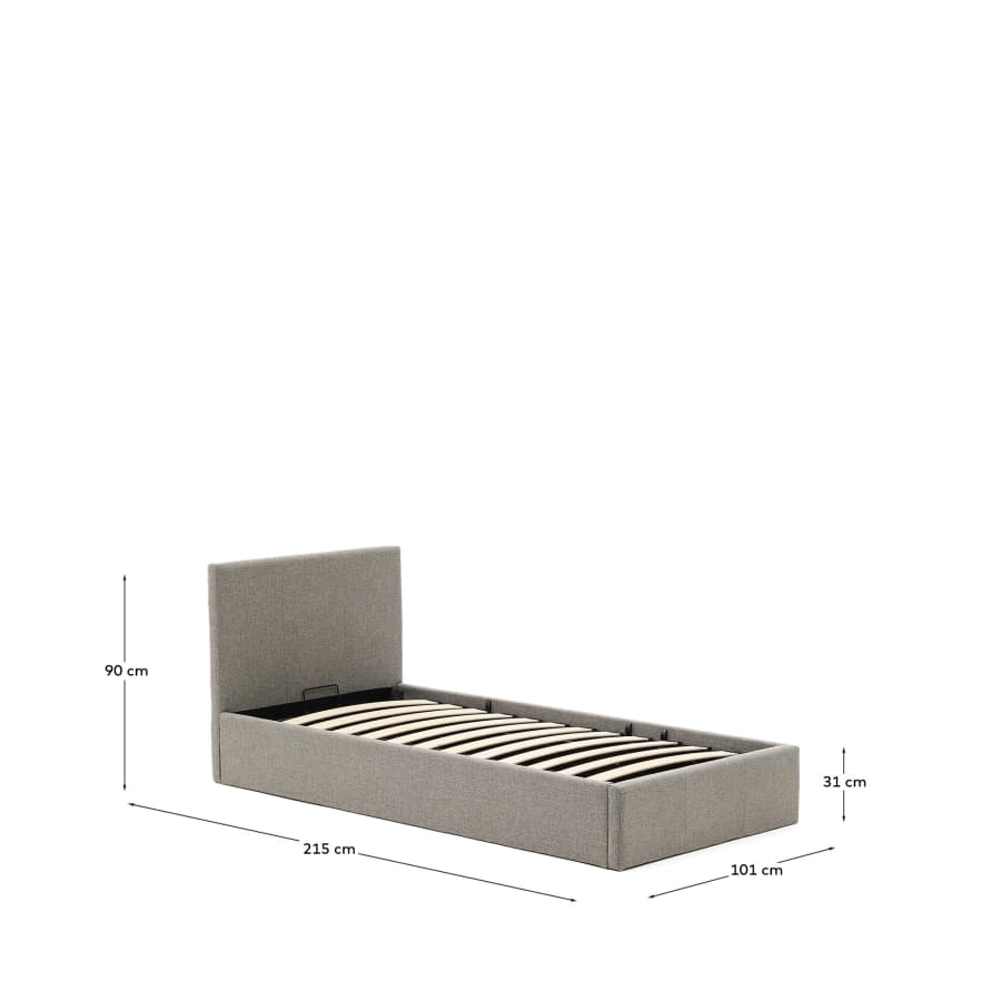 Lit Nahiri gris avec coffre relevable pour matelas de 90 x 200 cm