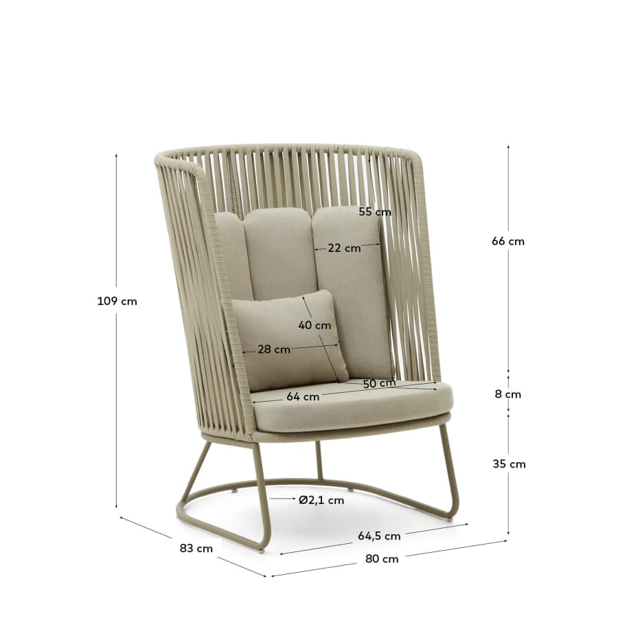 Saconca outdoor armchair with a high backrest made of cord and green galvanised steel