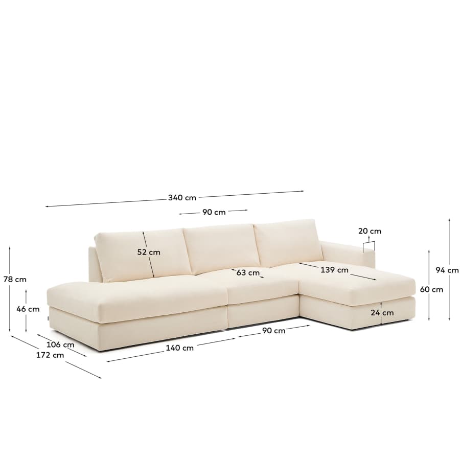 Modulares Sofa Alea für 5 Personen mit abnehmbarem Bezug aus Chenille mit Chaiselongue rechts in Ecru, 340 cm