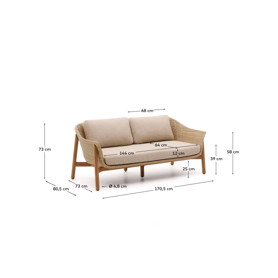 Galea 2-seater sofa in FSC 100% solid teak wood and synthetic rattan 170,5cm
