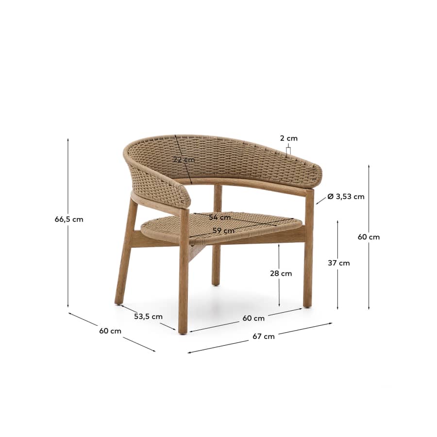 Arinella armchair in FSC 100% solid acacia wood with natural finish and beige rope cord