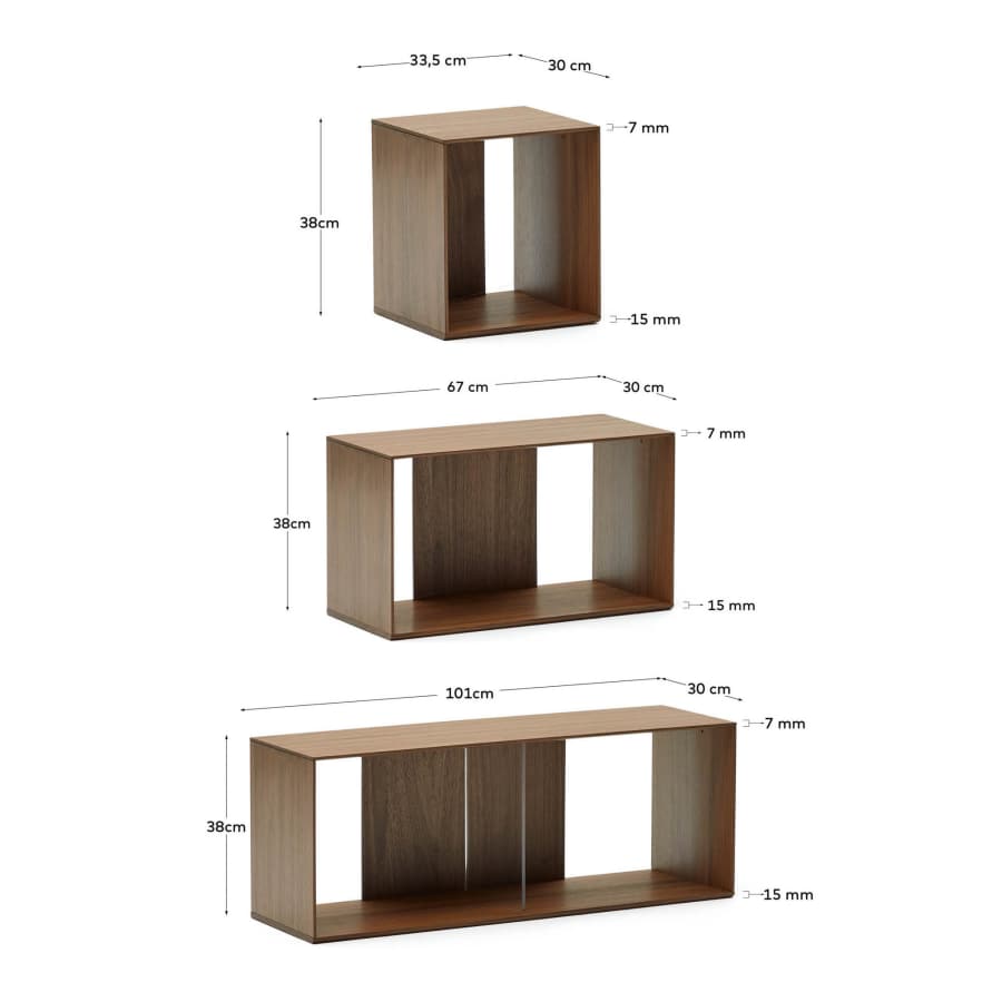 Litto set of 6 modular shelving units in walnut wood veneer, 101 x 152 cm