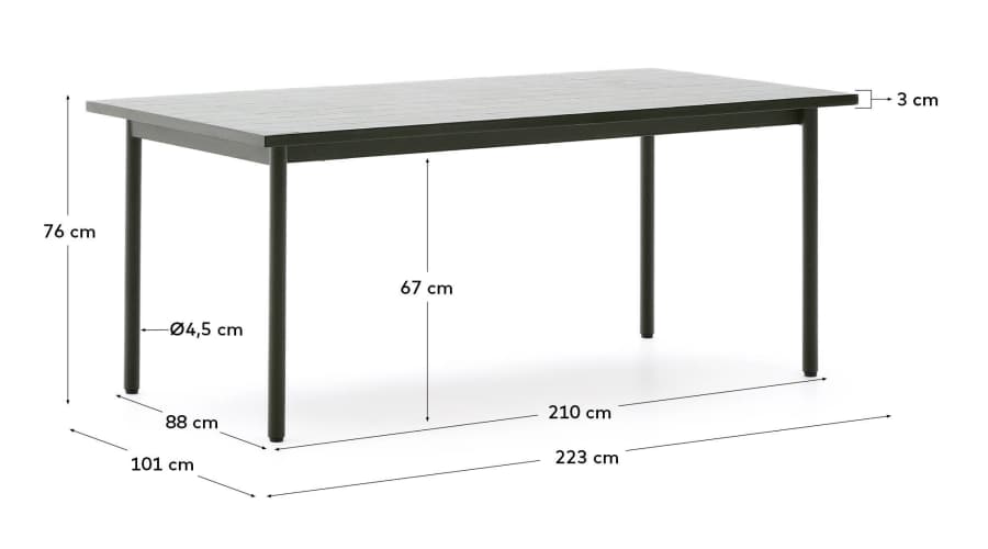 Maurina outdoor table in green galvanised steel with green tiles 223 x 101cm