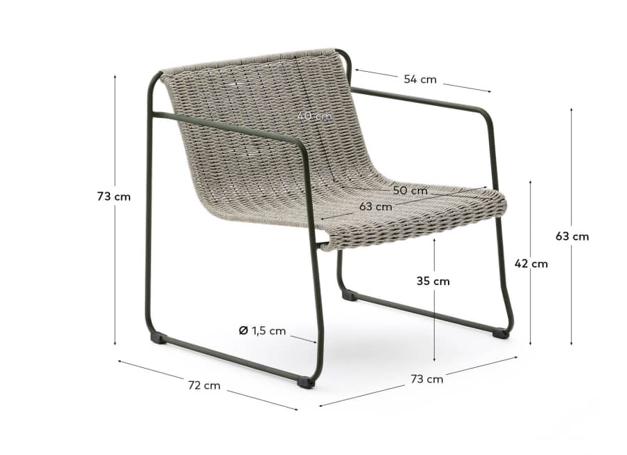 Maurina stackable armchair in green galvanised steel and ecru and grey rope cord