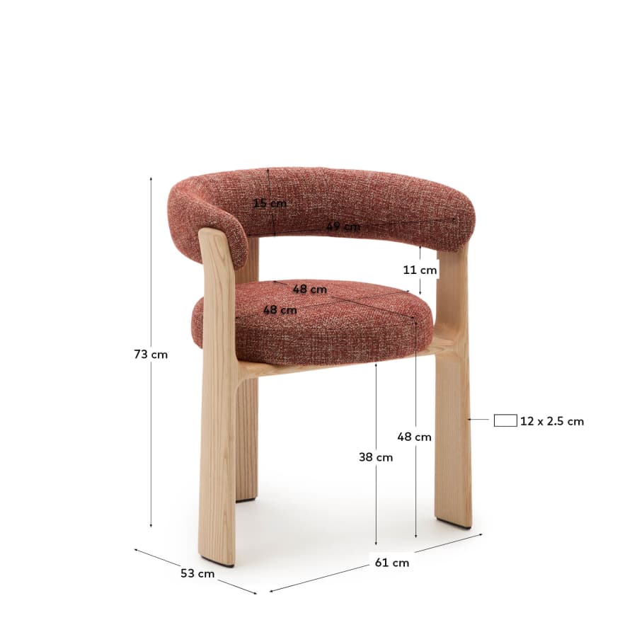 Granite fire-retardant chair (3 legs) in terracotta chenille and solid ash wood with natural-coloured finish FSC 100%