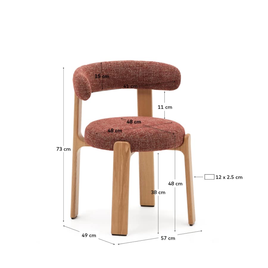 Granite fire-retardant chair in terracotta chenille and solid ash wood with natural-coloured finish FSC 100%