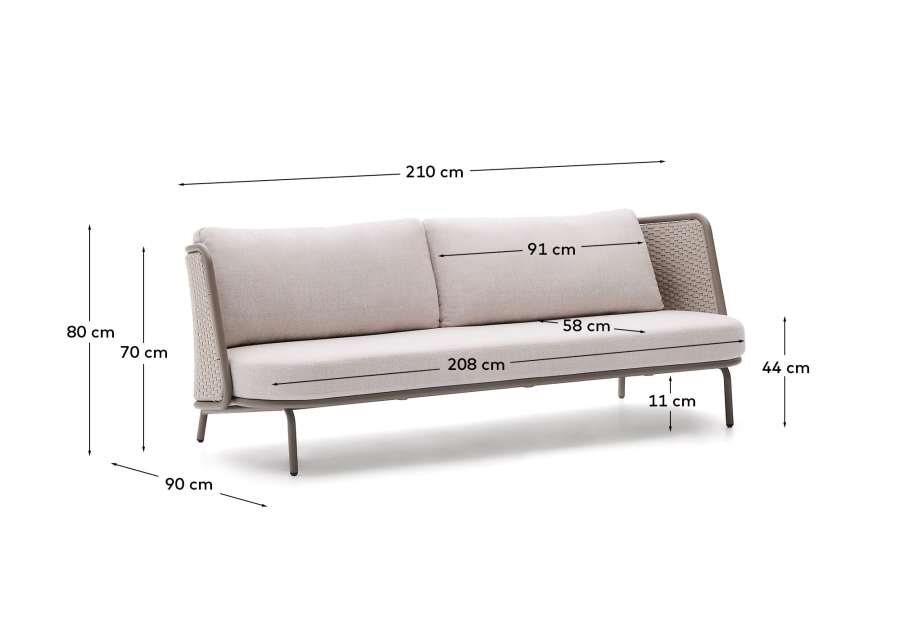 Sedalis outdoor 3-seater sofa in aluminium and taupe rope cord 210cm