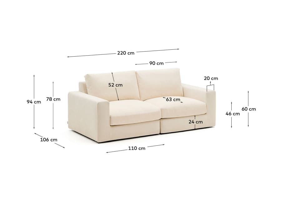 Modulares Sofa Alea für 3 Personen mit abnehmbarem Bezug aus Chenille in Ecru, 220 cm