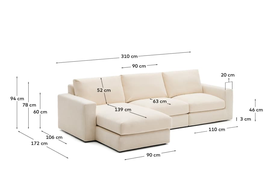 Modulares Sofa Alea für 4 Personen mit abnehmbarem Bezug aus Chenille mit Chaiselongue links in Ecru, 310 cm