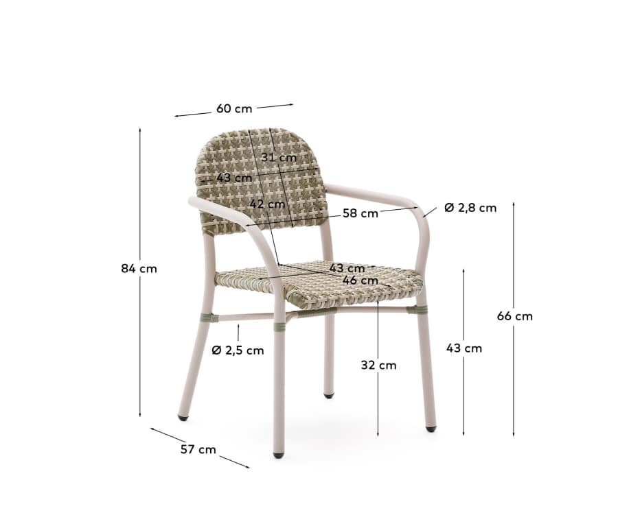 Tuccia beige and green stackable chair in aluminium and synthetic rattan