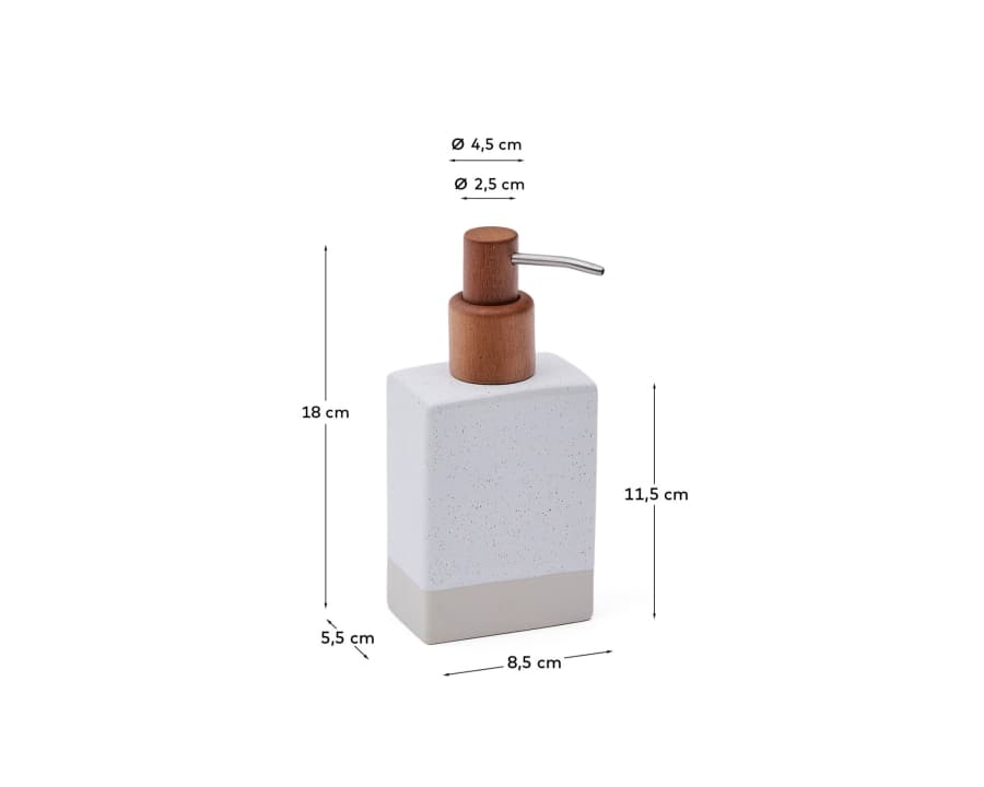 Careli soap dispenser in beige stoneware and acacia wood