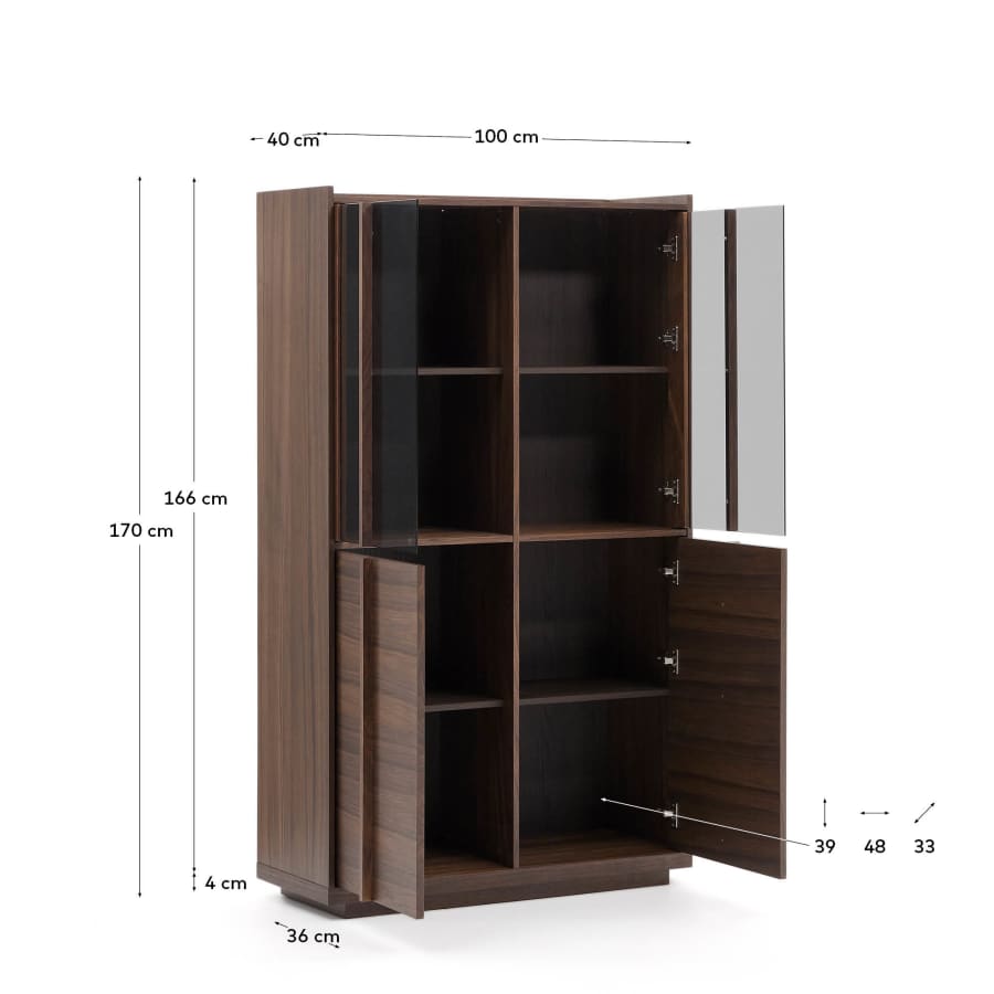 Onix display cabinet solid walnut and walnut veneer dark finish 100 x 170 cm FSC Mix Credit Assembled