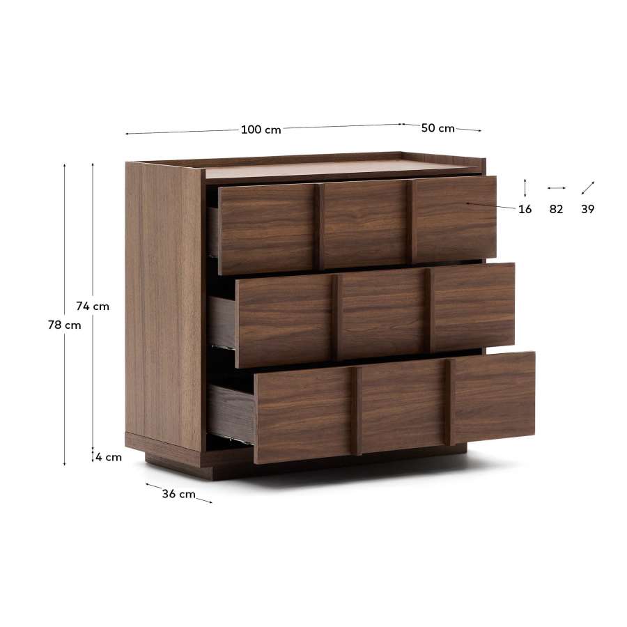 Onix chest of drawers with 3 drawers, walnut veneer, dark finish, 100x78cm FSC Mix Credit Assembled